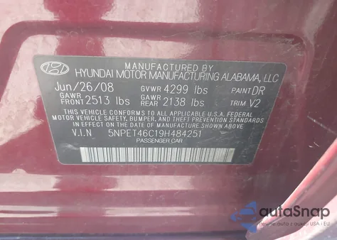2009 Hyundai Sonata Gls from USA, damaged, VIN 5NPET46C19H484251